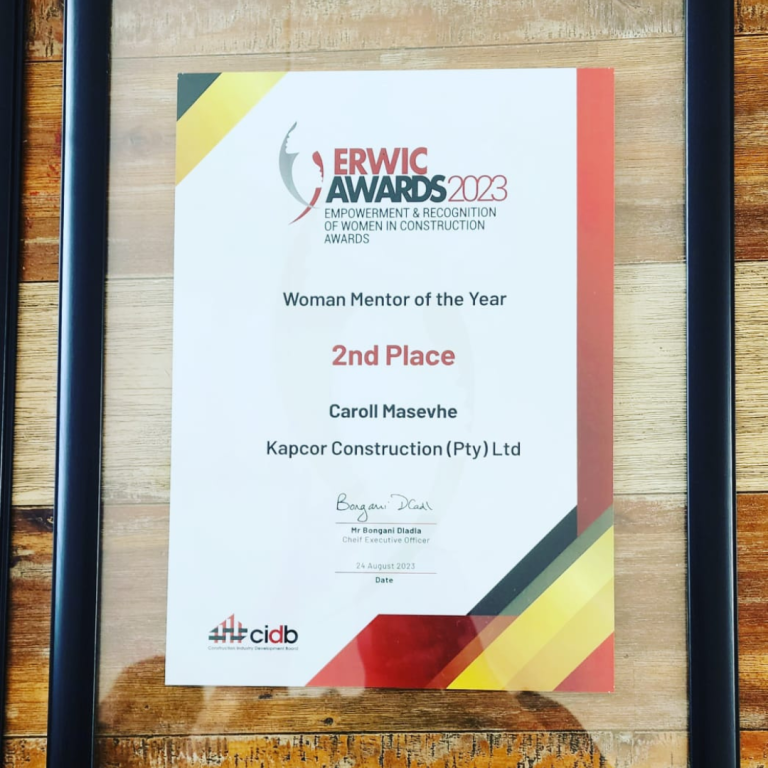 Kapcor Consturction Caroll Masevhe Mentor Of The Year award Certificate